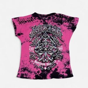 Affliction Shirt Womens Pink Tie Dye Rhinestone bedazzle Live Fast Braided Y2K